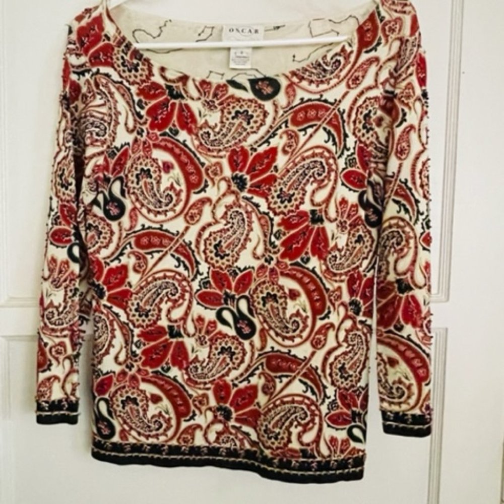 Oscar De La Renta Paisley Beaded Pullover Sweater Size S